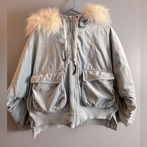 Fansilanen SOFTSatin Corduroy Winter Coat With Removable Fox Fur Lined Hood Sz M